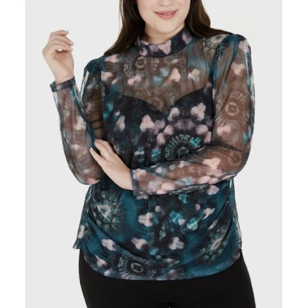 INC International Concepts Mesh Top 2X Abstract Ruched Mock Neck Blouse